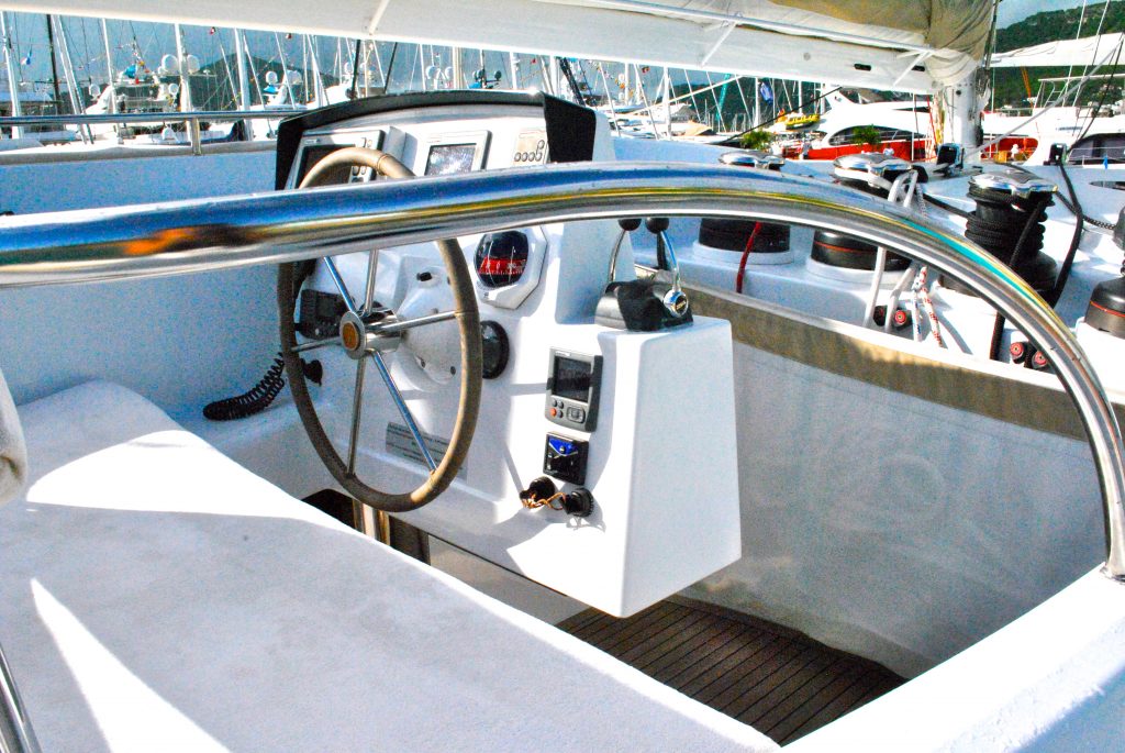 Worlds End Luxury Crewed Sailing Catamaran Helm