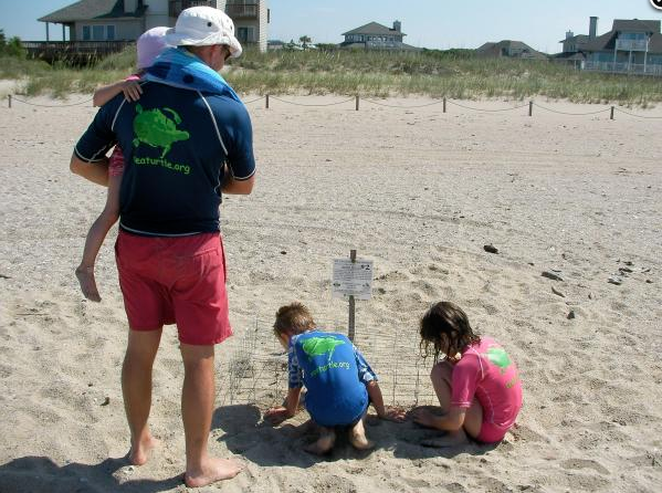 Checking out a turtle nest wearing Seaturtle.org shirts