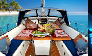 The British Virgin Islands, Luxury Sailing Charter Yacht Elvis Magic cockpit dining
