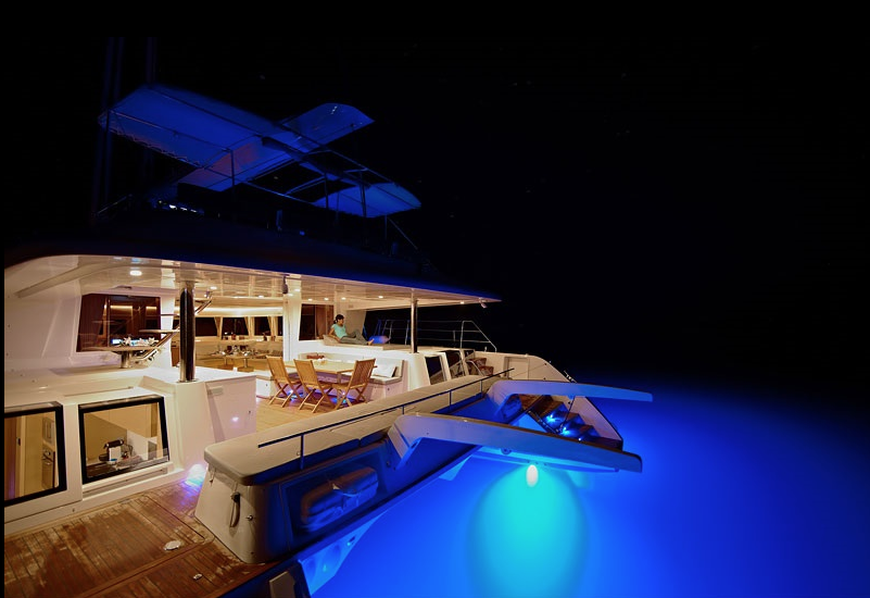 Bareboat Charters, ENIGMA Luxury Charter Sailing Catamaran Underwater Light