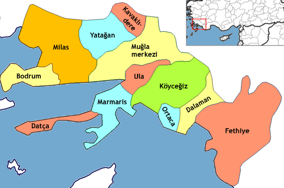 Turkish Riviera, Blue Cruise, yacht charter in Gocek, Mugla, Fetheye, Turkey Map