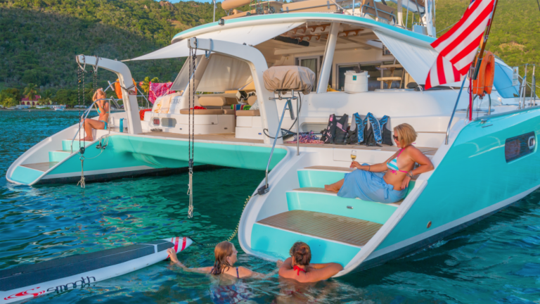 Good Vibrations, aft deck, Leopard 62, luxury charter sailing catamaran, Caribbean yachting, St. Thomas, Virgin Islands