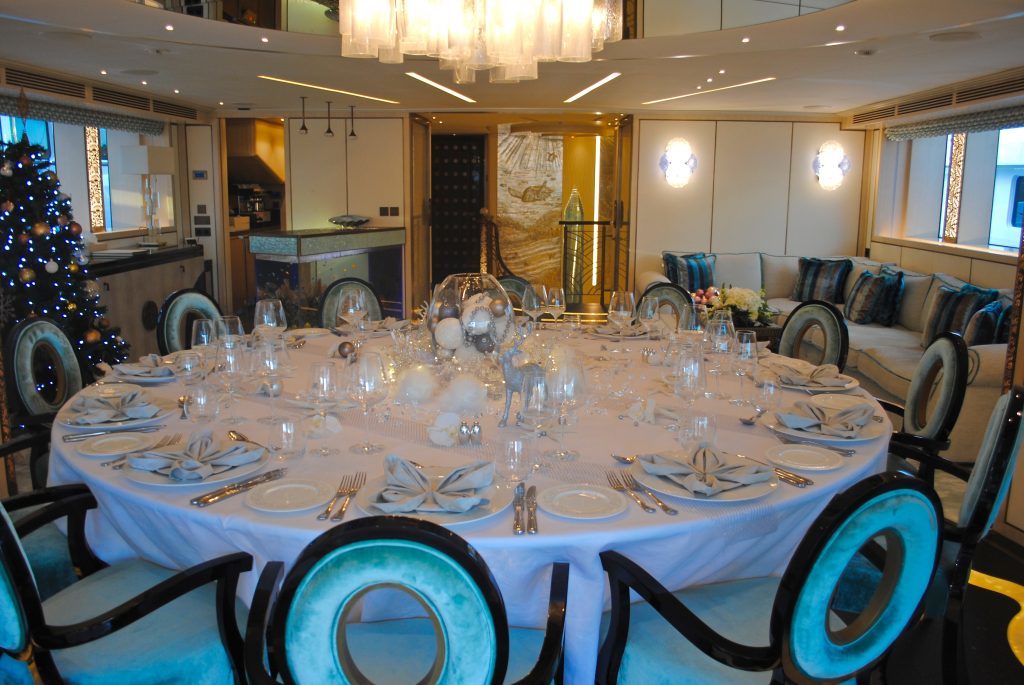 Scorpion luxury charter yacht dining upper level