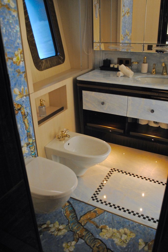 Scorpion luxury charter yacht guest bathroom blue