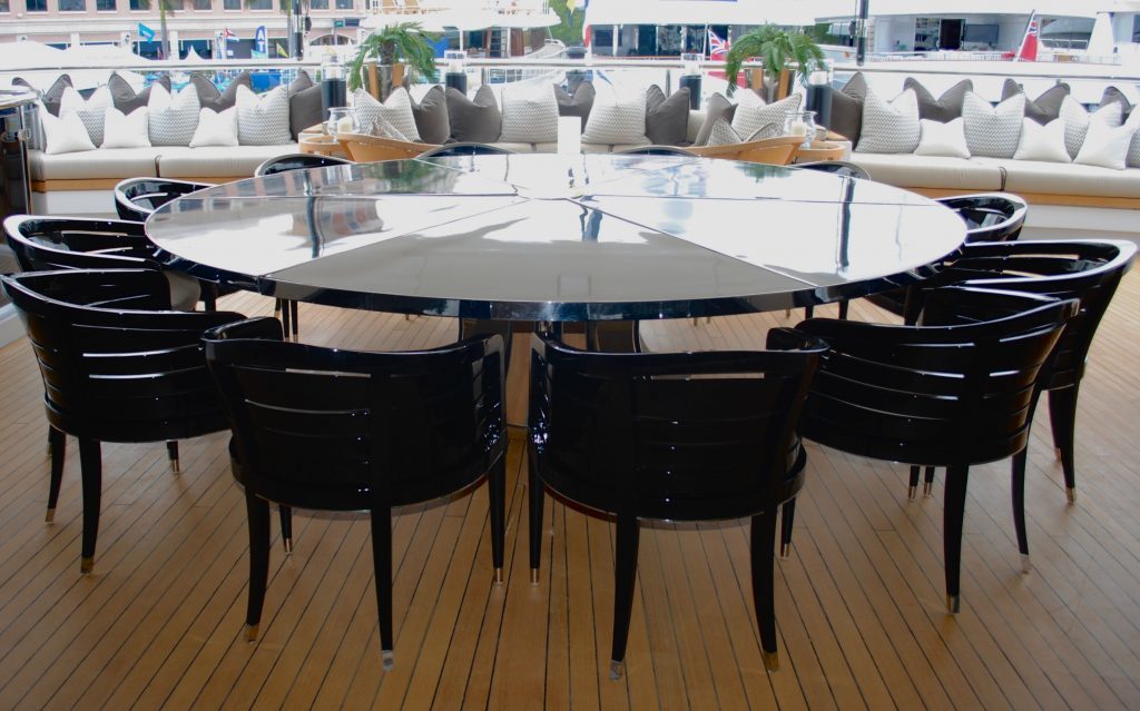 SEALYON, skylounge aft deck dining, luxury creed charter super yacht