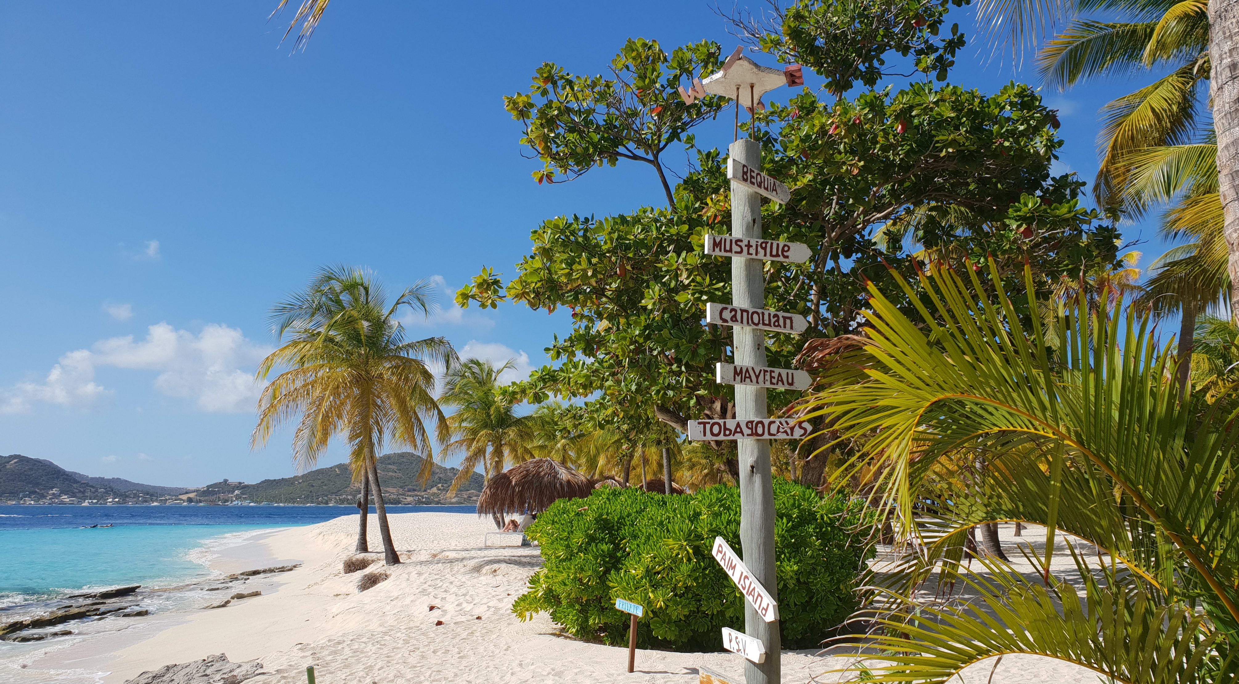 Palm Island sign post, beach