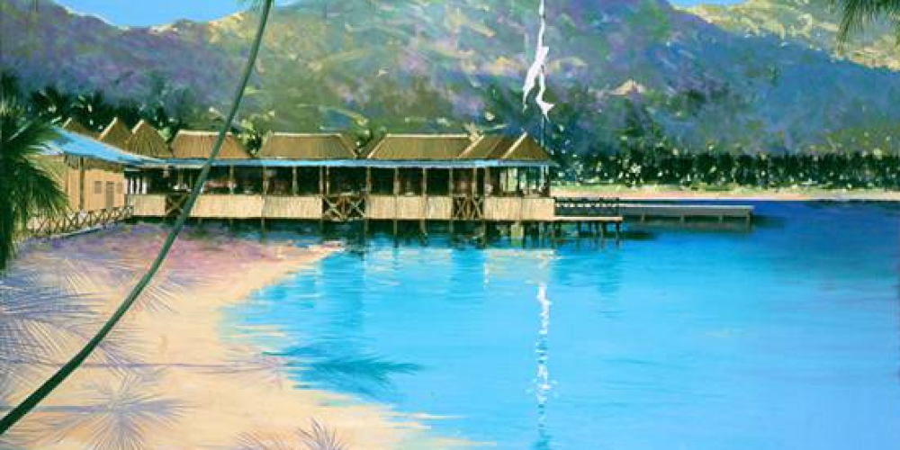 St. Vincent and the Grenadines Breakfast at Basil's Bar Mustique Limited edition print by Andrew Hewkin.M.A.
